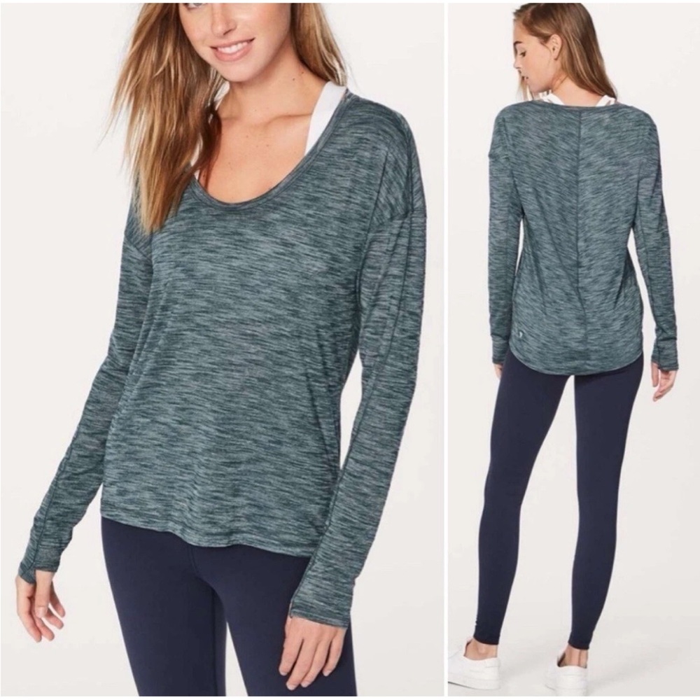 Lululemon Meant to Move Long Sleeve Top 8 M Scoop Neck Heathered Teal Space Dye